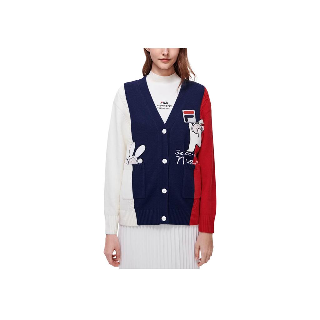 Fila CNY Bunny Collaboration Series Pattern Print V-Neck Knit Sweater Women Sweater Smoky-Blue F11W319407F-DB
