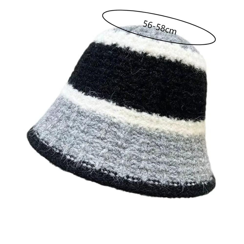 Fashion Wide-Striped Knitted Bucket Hat Versatile Cold-Proof Fisherman Hat Large Head Circumference Warm Basin Hat Outdoor