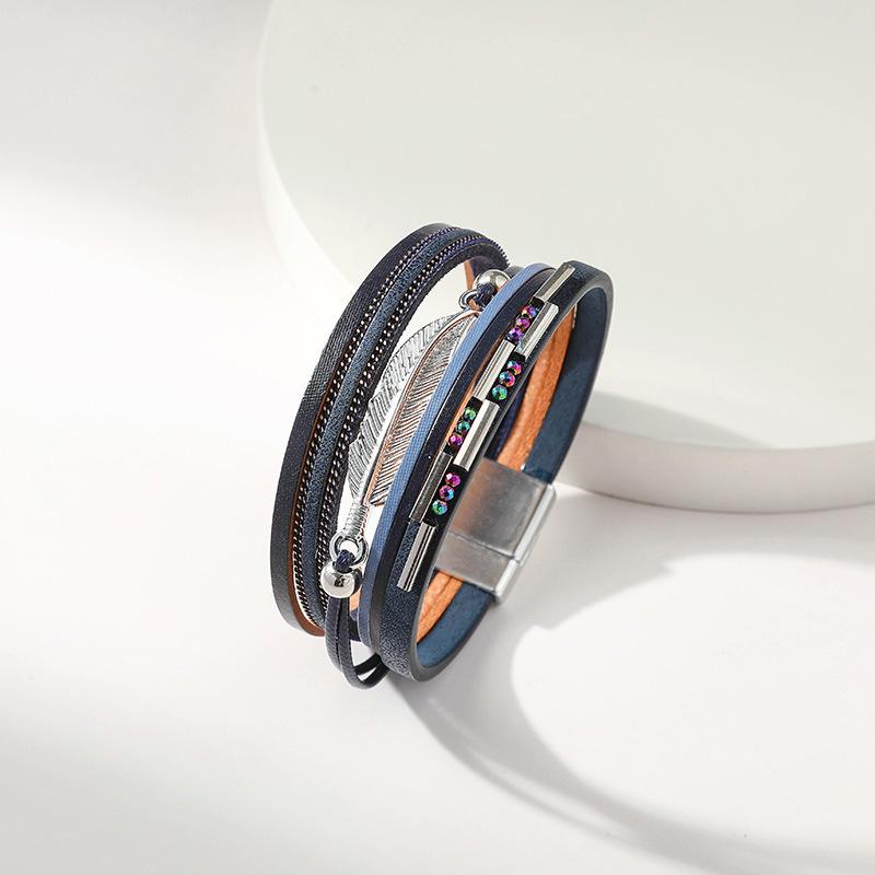 Bohemian Style Multi-layer PU Leather Bracelet Women's Leaf Magnet Buckle Jewelry Accessories