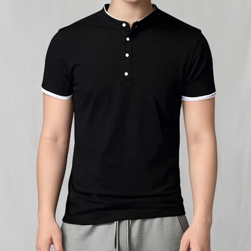 2026 Men's Casual and Fashionable Solid Color Short Sleeved Stand Up Collar T-shirt Summer Versatile and Comfortable Top