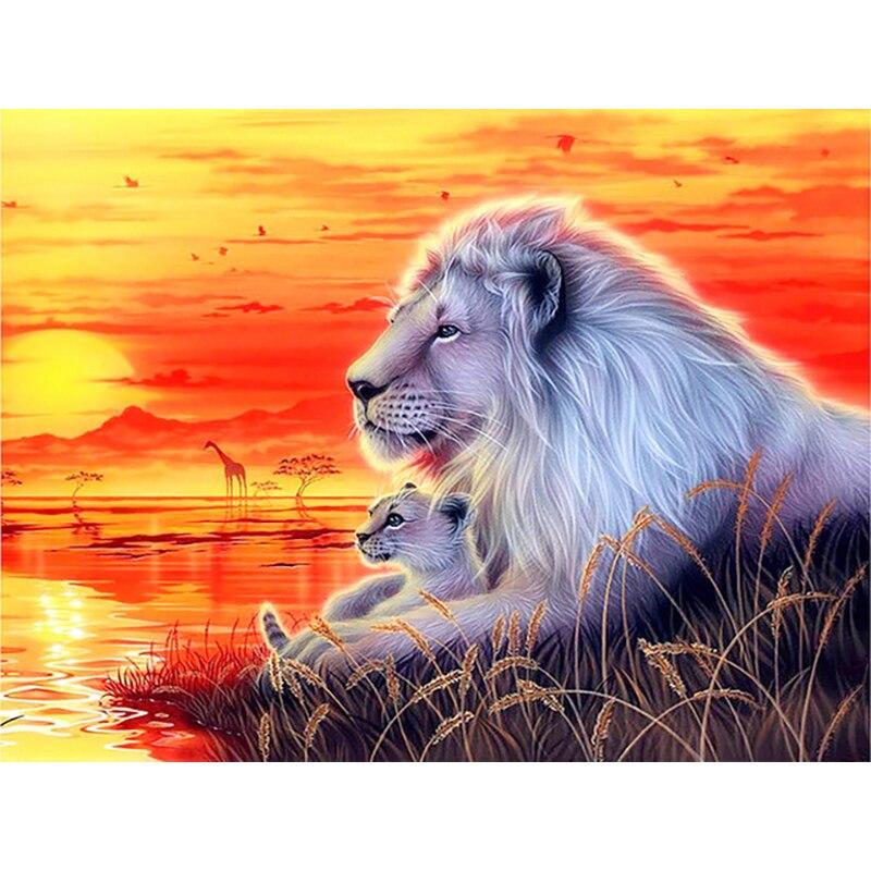 New 5D DIY Animal Diamond Painting Lion Diamond Embroidery Sunset Cross Stitch Full Round Drill Home Decor Manual Gift
