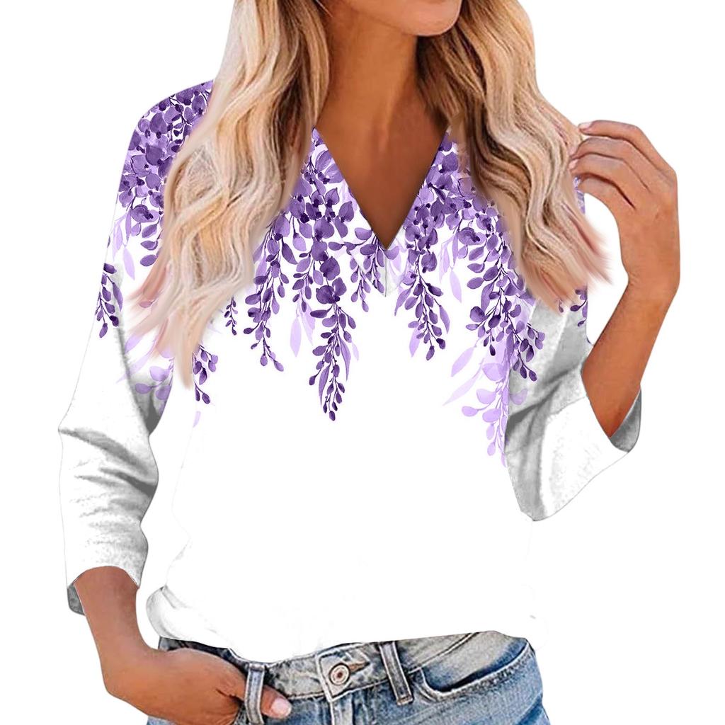 Women's Casual And Fashionable Flower Printing V-Neck Top With Seven Quarter Sleeves
