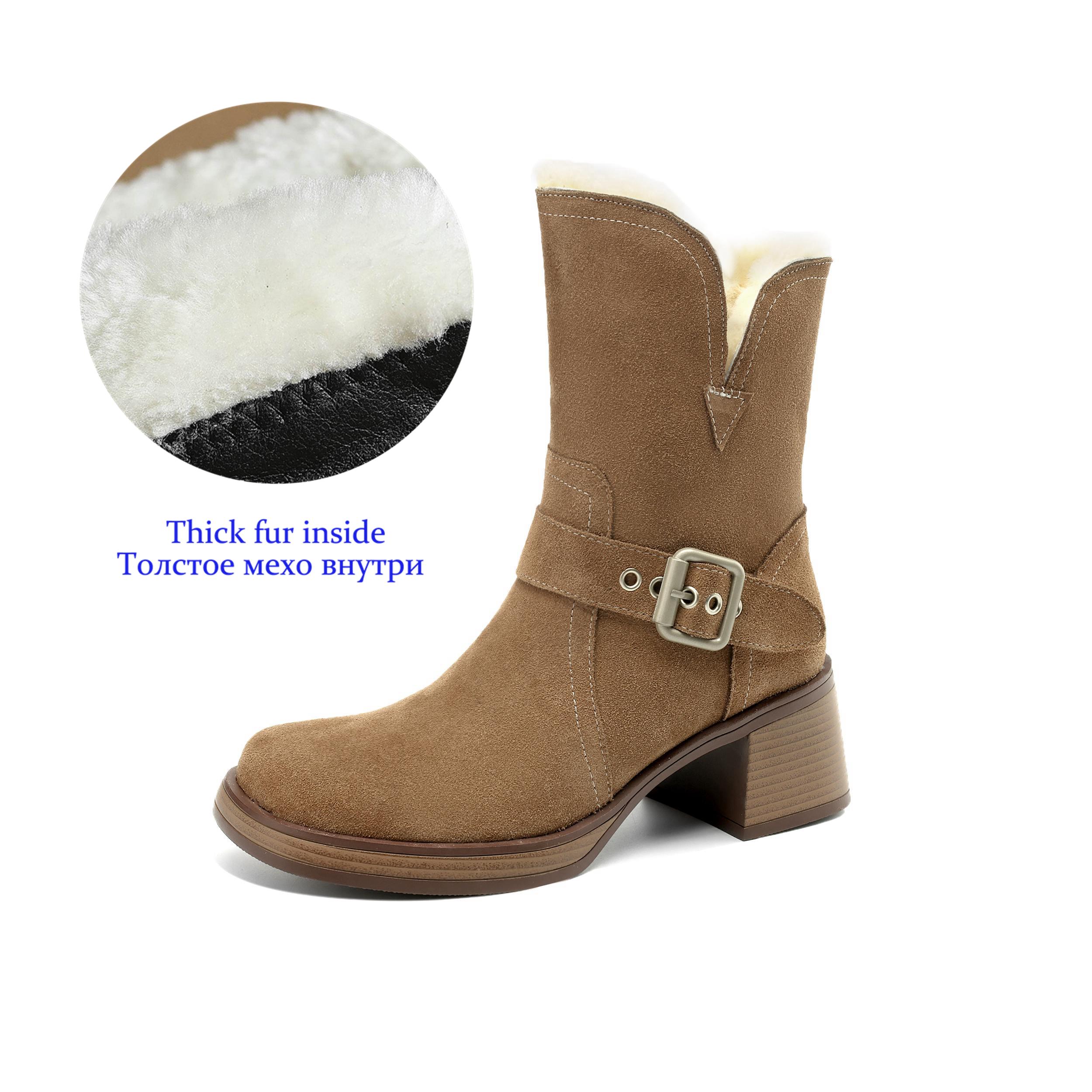 

Krazing Pot Nubuck Cow Suede Wool Keep Warm Autumn Winter Shoes Chunky Heels Size 42 Round Toe Slip on Fur Ankle Boots 42 хаки