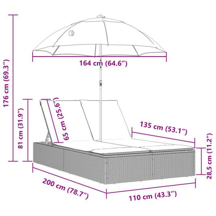 VidaXL Chaise longue double et coussins et parasol gris résine tressée, transat, lit de jour d'extérieur, lit de jour de 368083