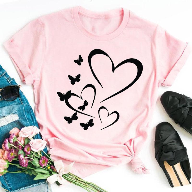 Butterfly Love Heart Print T Shirt Women Fashion Black T Shirt Female Short Sleeve Cute Graphic Tee Shirts Ladies Summer Tops