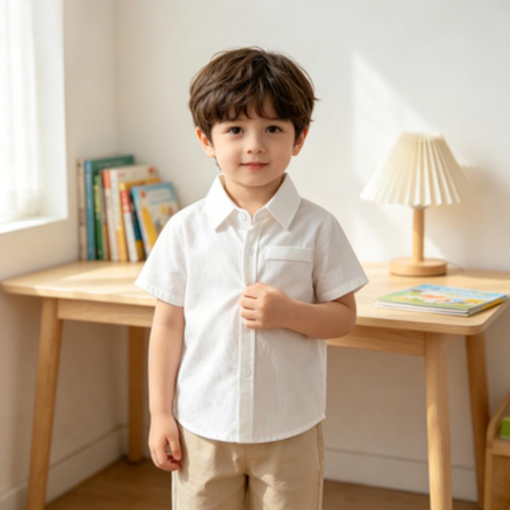 Boys' Cotton Short Sleeve Shirt Color Collared Casual Top for Everyday Outfits