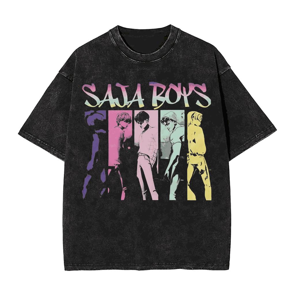 Saja Boys Kpop Demon Hunters Graphic Print T-shirt Men Women Harajuku Vintage Washed Loose Casual Oversized Cotton Short Sleeve Summer New Tee