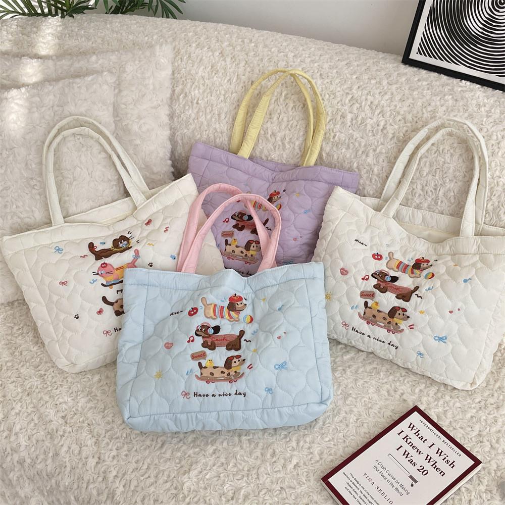 Adorable Quilted Cotton Dog Embroidery Handheld Tote Bag For Shopping And Lunch