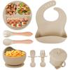Silikon-Baby-Fütterset, 8 Teile, inklusive Saugnapf, Schüssel, Lätzchen, Löffel, Gabel und Trinklernbecher