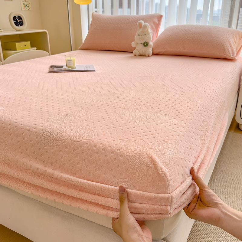 Winter thickened small fresh carved milk fleece fitted sheet flange coral fleece mattress protective cover