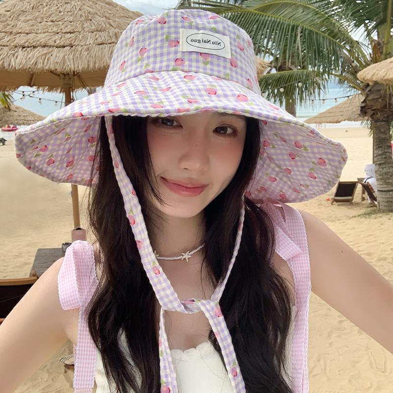 Kleiner frischer Karoprint Fischerhut für Damen Sommer mit breiter Krempe Sonnenschutz Sonnenhut Reise Foto Show Waschbeckenhut