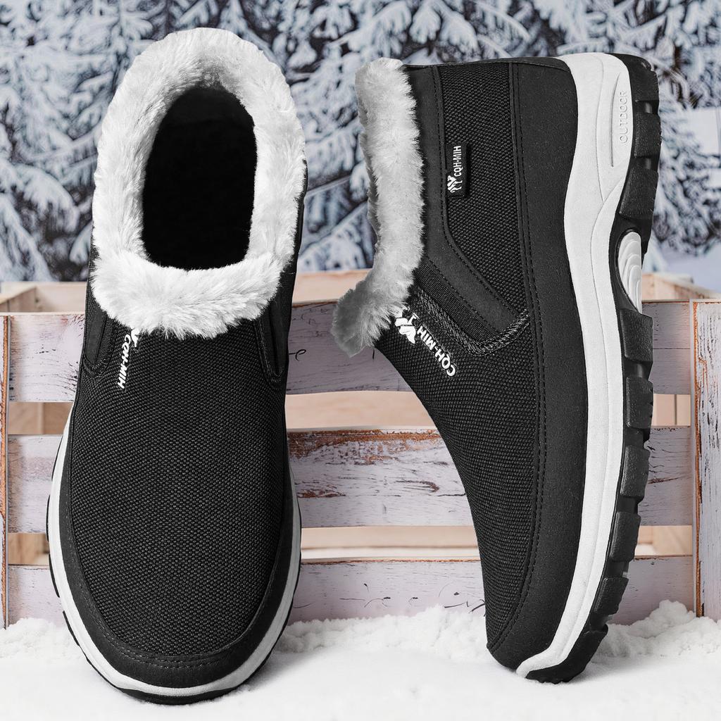 Winter Men Fleece Lined Slip On Shoes, Warm Fabric Upper Soft Sole Cold Proof Outdoor Casual Footwear