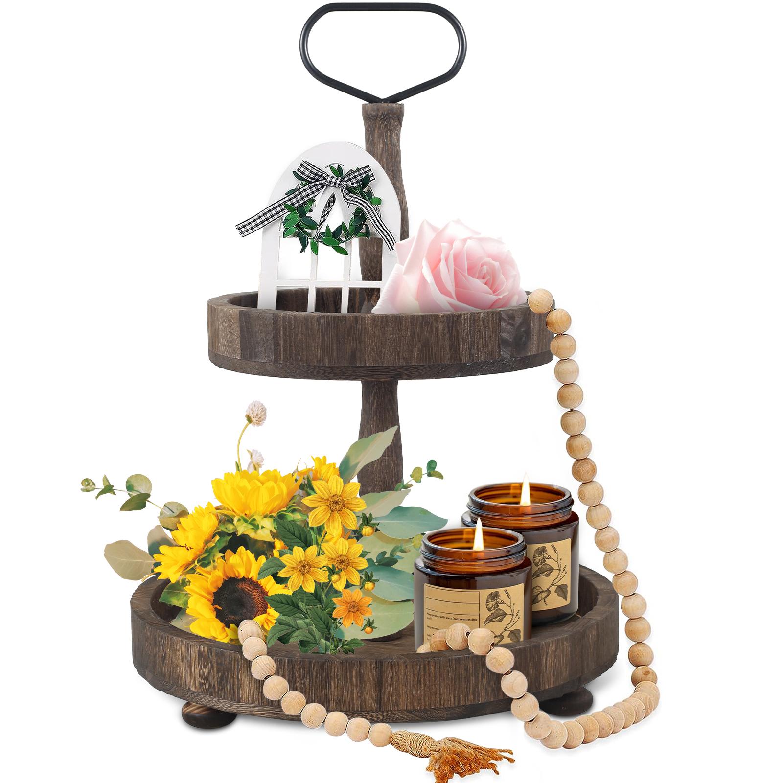 Осенняя двухъярусная этажерка, деревянная двухъярусная этажерка, декор, фермерская двухъярусная этажерка с металлической ручкой, разборная двухъярусная сервировочная этажерка