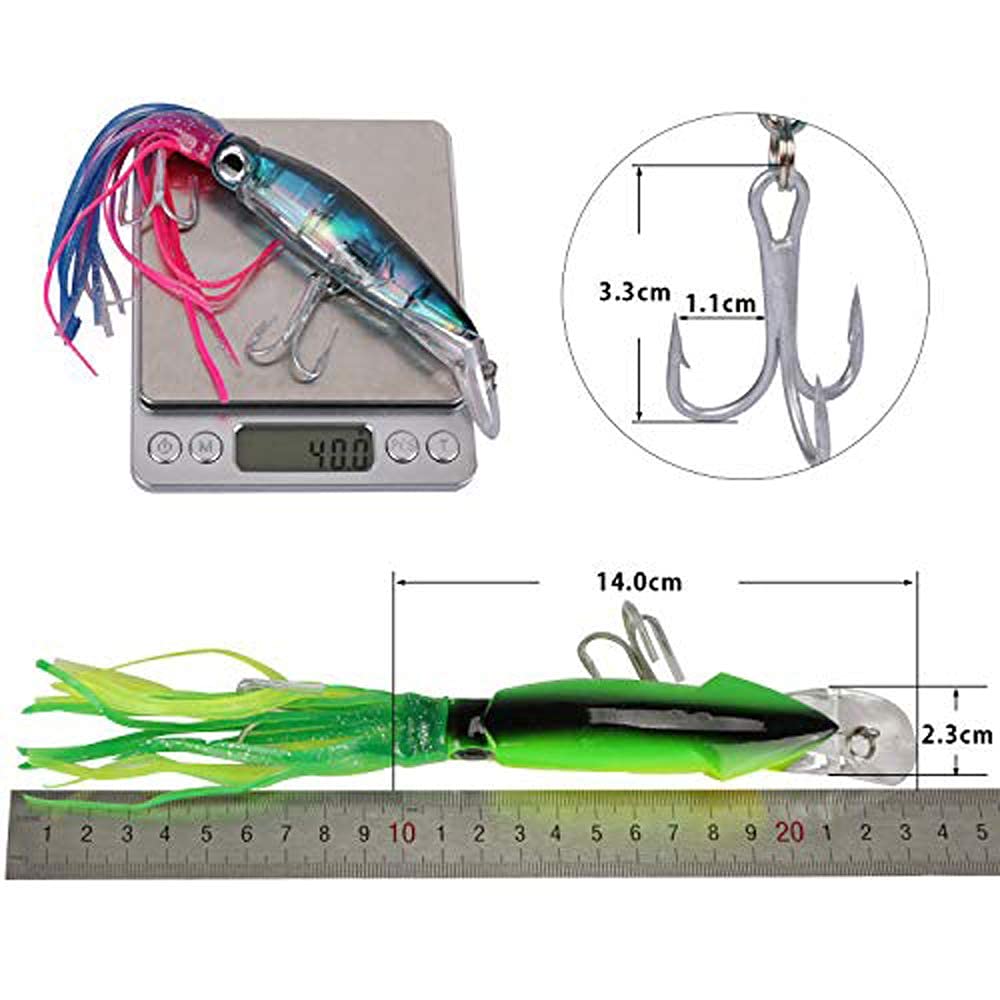 And Fishing Lure Hard Rod with Triple Floating Octopus Fishing Artificial Bait for Saltwater Marlin, Squid, Tuna, 6-color Set, 14cm, 40g, Hooks, Bait,