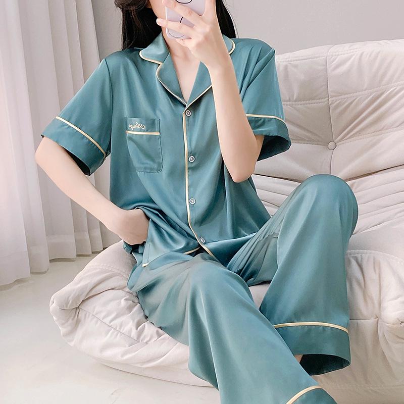Women's 2025 Ice Silk Pajamas: Summer Thin, Loose Fit, Short Sleeve & Long Pants Set for Spring/Autumn