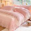 New Elegant Matte Milk Velvet French Lace Princess Style Bedspread Set