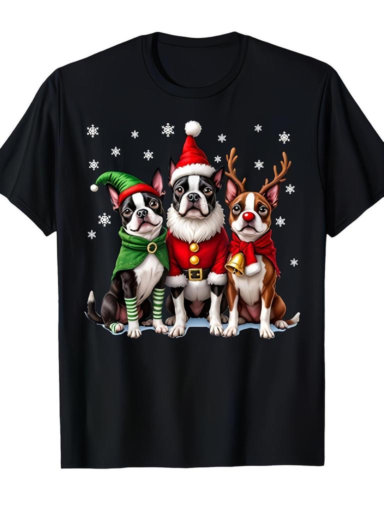 Funny Christmas Themed T Shirt Featuring Boston Terriers Dressed As Santa, Reindeer, And Elves Unisex Design for Summer 225, Made from 22G Pure with S