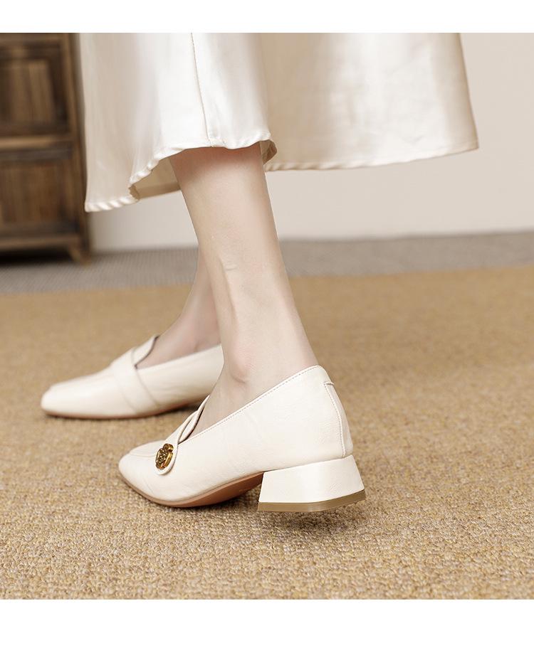 2024 Retro Chunky Heel Loafers: Versatile Square Toe, Medium Heel, Slip-on Leather Shoes for All Seasons
