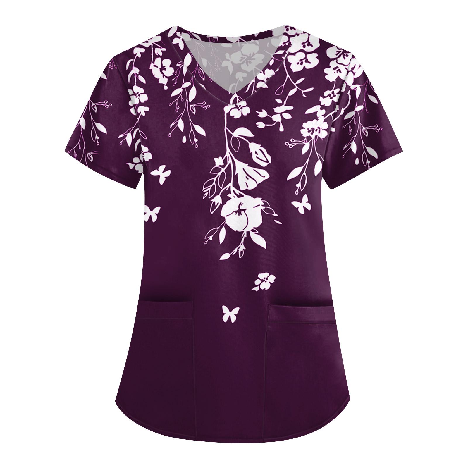 

Жіночий милий принтований робочий одяг, V-подібний виріз, двошарові кишені, базовий пуловер з короткими рукавами, Валентина XXL фіолетовий