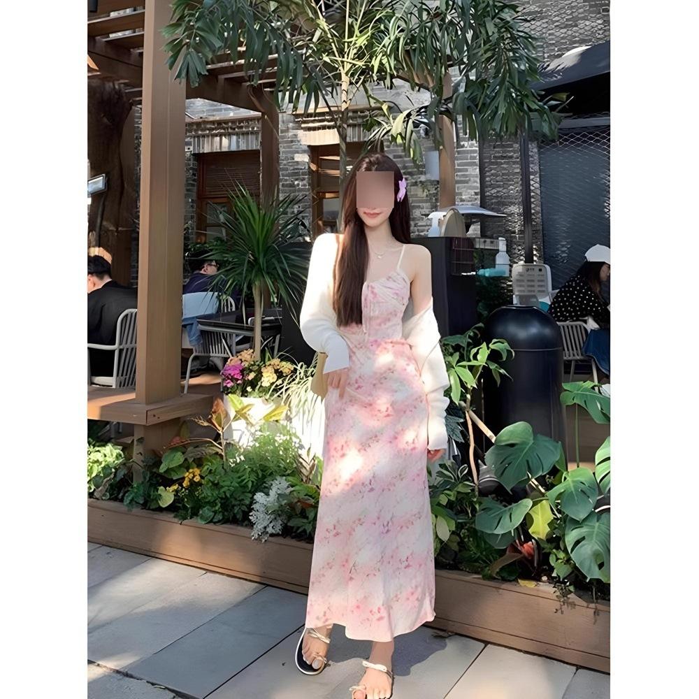 Small Fresh Small Lace Splicing Suspender Dress Women's Summer Pink Waist Long Floral Skirt