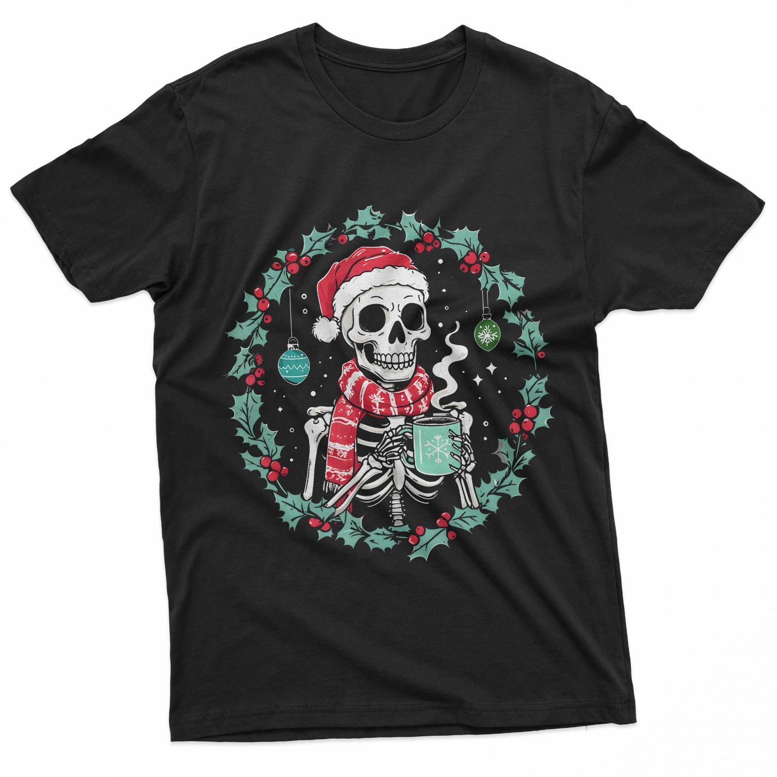 Christmas Skeleton Drinking Coffee Gothic Alt T-Shirt S