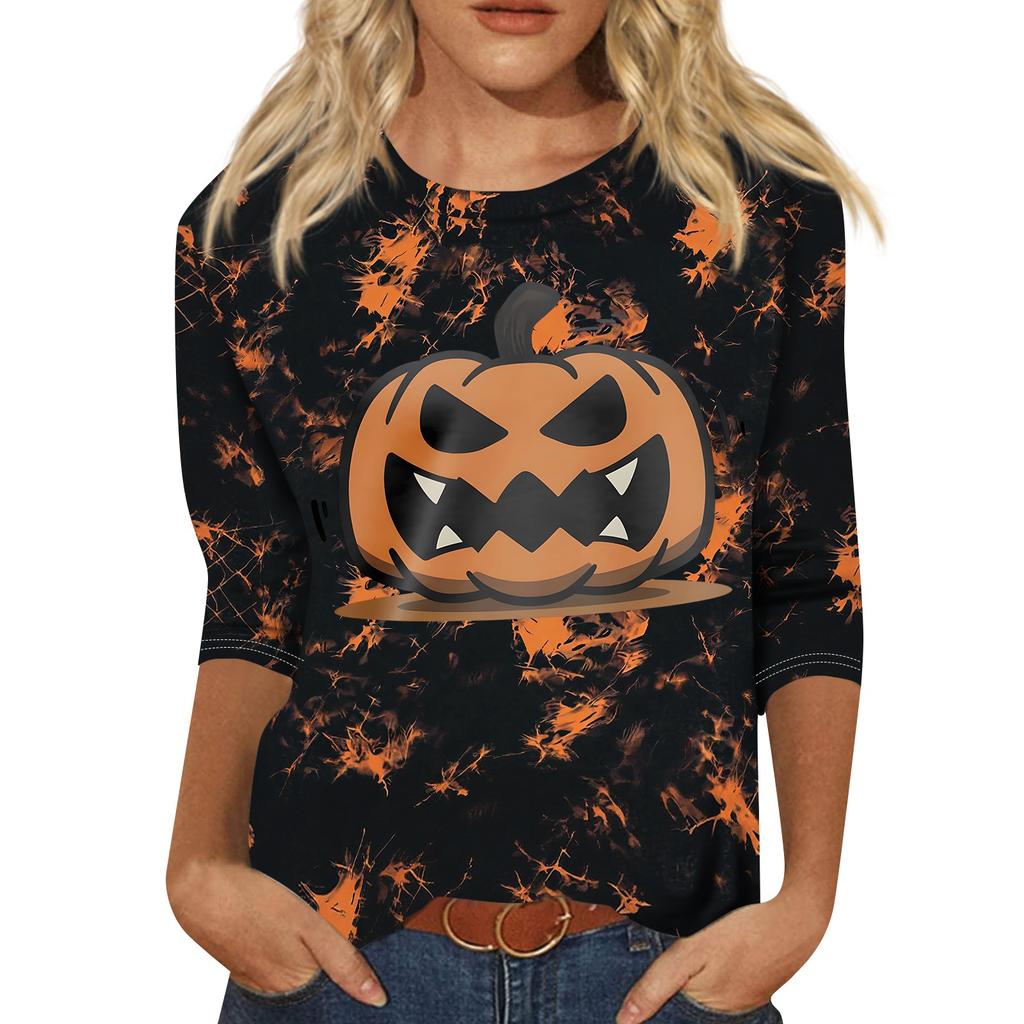 Women's Fashion Casual Three-Quarter Sleeve Halloween Print Neck Top