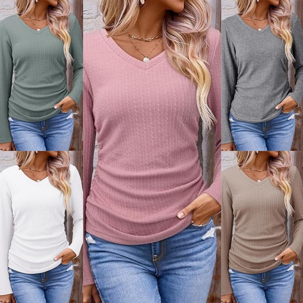 Women's V Neck Long Sleeve Knit Top Ruched Side Solid Color Textured Casual Basic T Shirt Fall Fashion Blouse