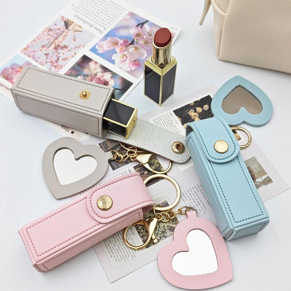 Custom Logo Name Key Chain Ring Small Versatile Keyring New Portable Lipstick Bag Packet Heart Mirror Keychain Mini Leather Gift