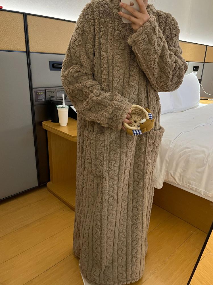 Móda Zimní Ženy Noční košile Žakárové šaty Noční šaty Volné Jednobarevné Zahuštěné flanelové oblečení na spaní Domácí oblečení