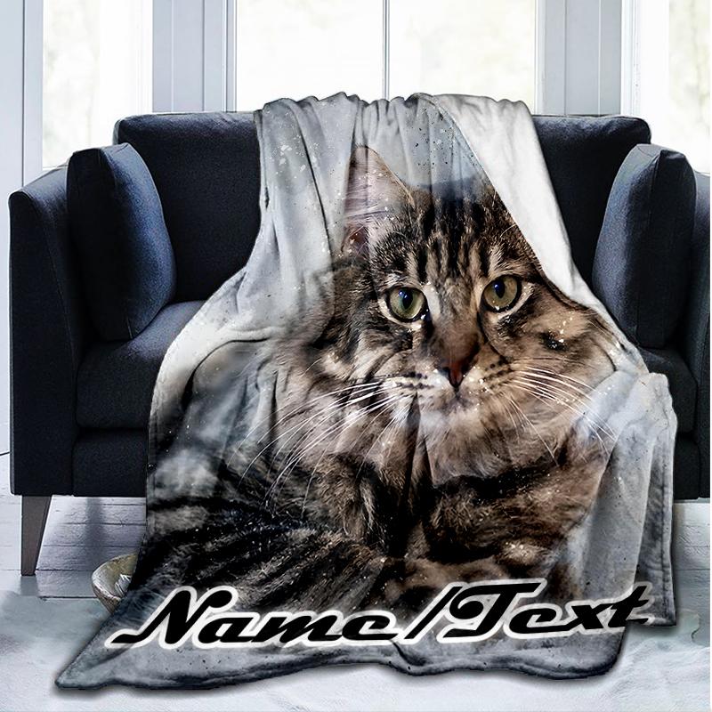 1PC Custom Name tabby cat portrait outdooor Flannel blankets Throw Blanket All-Season Throw Gift Bedspread for Couch, Bed, Camping Holiday Birthda
