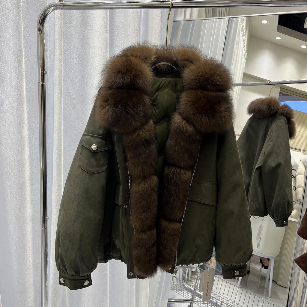 Winter new fox big fur collar suede down jacket women's short fashion casual loose thickened coat