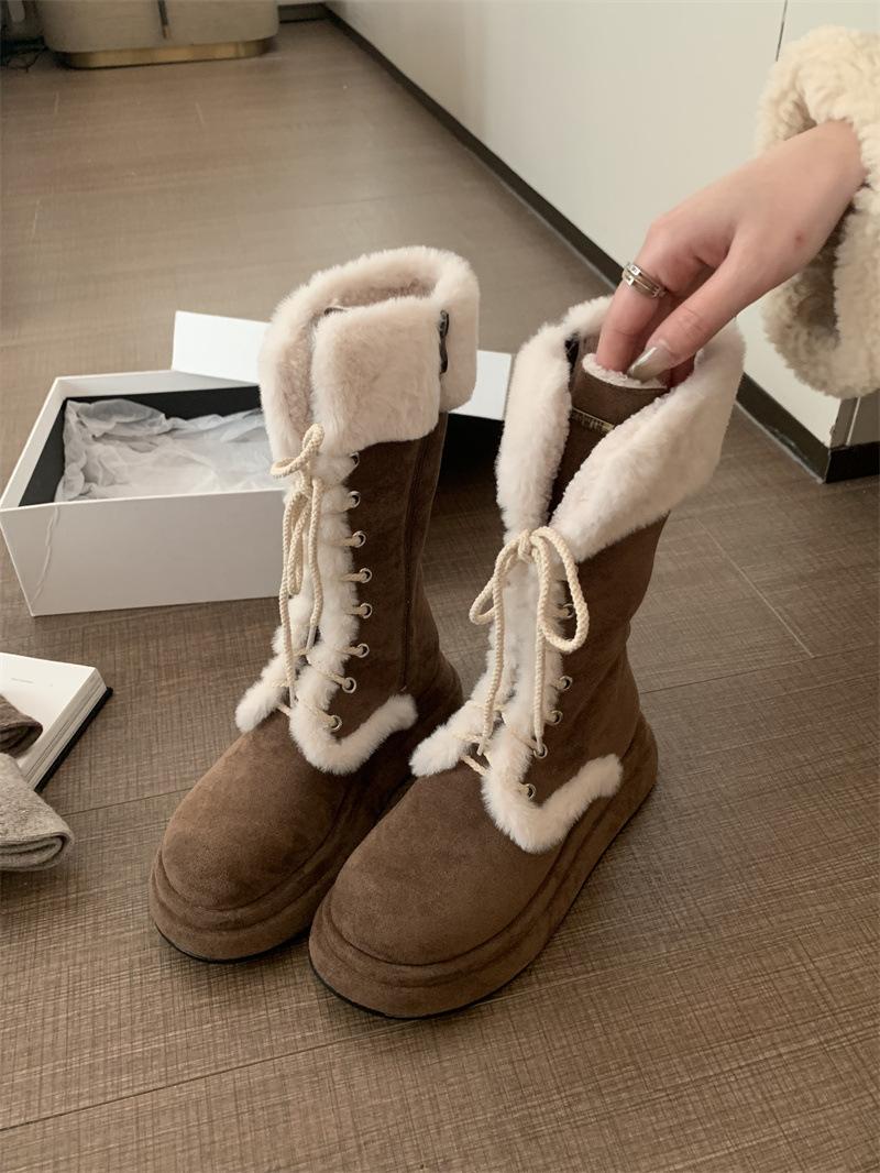 

Пушистые Ботинки Зимние Ботинки Женские Осенне-зимние Кремовые На толстой подошве Плюшевые Теплые Средние Рыцарские Ботинки Мартин 40