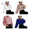 Women Shirt Stand Collar Lantern Long Sleeve Single Breasted Shirt Tops Solid Color Loose Fit Casual Shirt