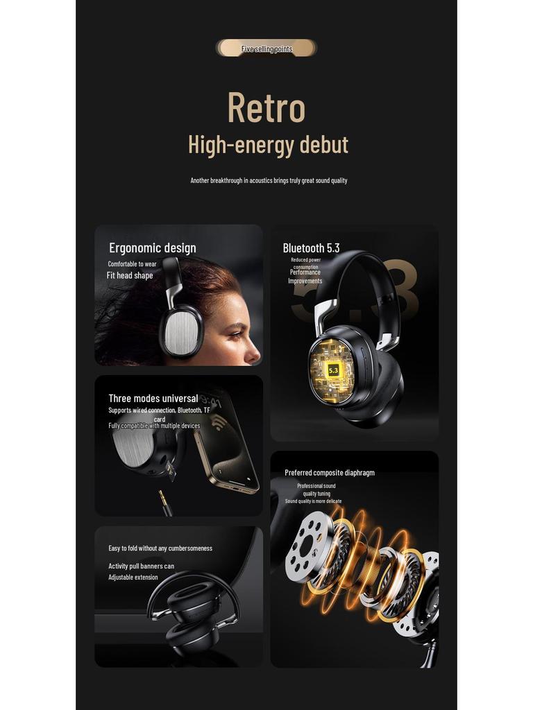 Business Style Gold Thread Over-Ear Bluetooth Headphones: High-Quality Sound for Wireless Gaming