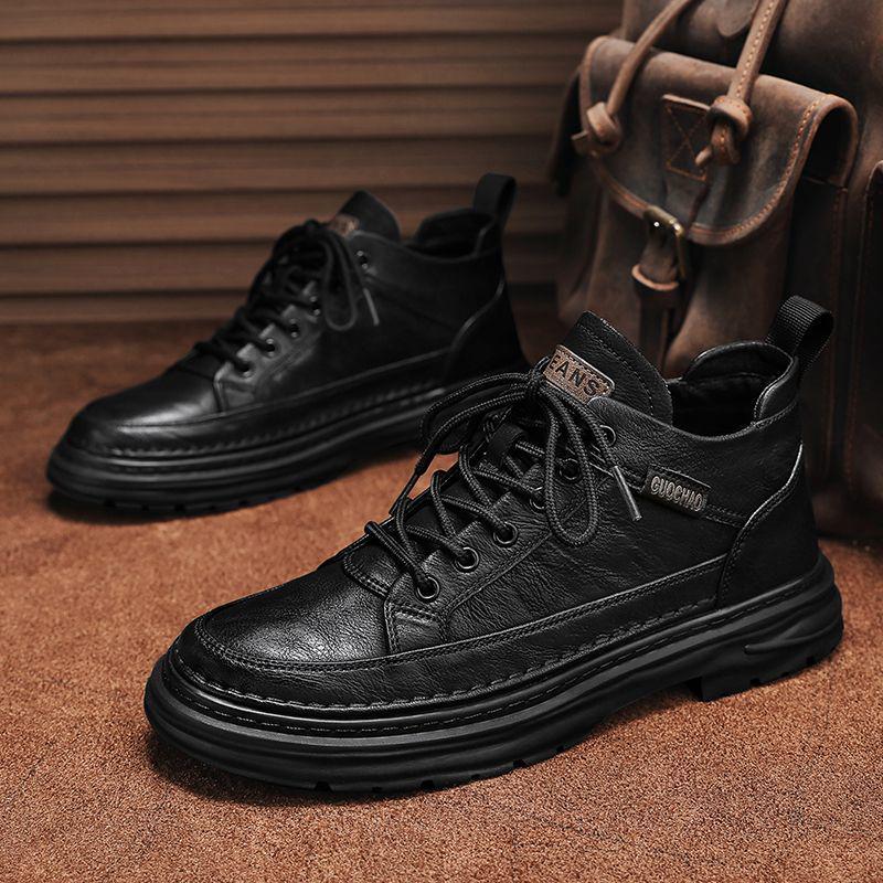 2025 Men's Winter Fleece-Lined Casual Leather Martin Boots - Mid-Top Autumn Work Shoes