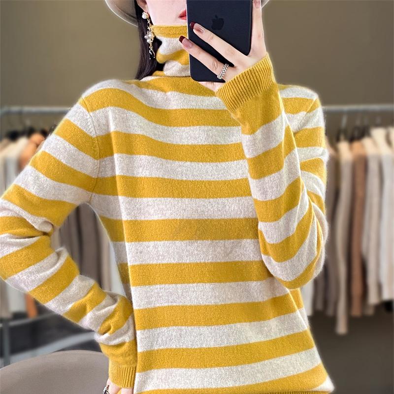 Autumn and Winter New Knitted Sweater Women's Striped Bottoming Shirt Stack Collar Pullover Andy Fleece Top Loose and Thin Sweater