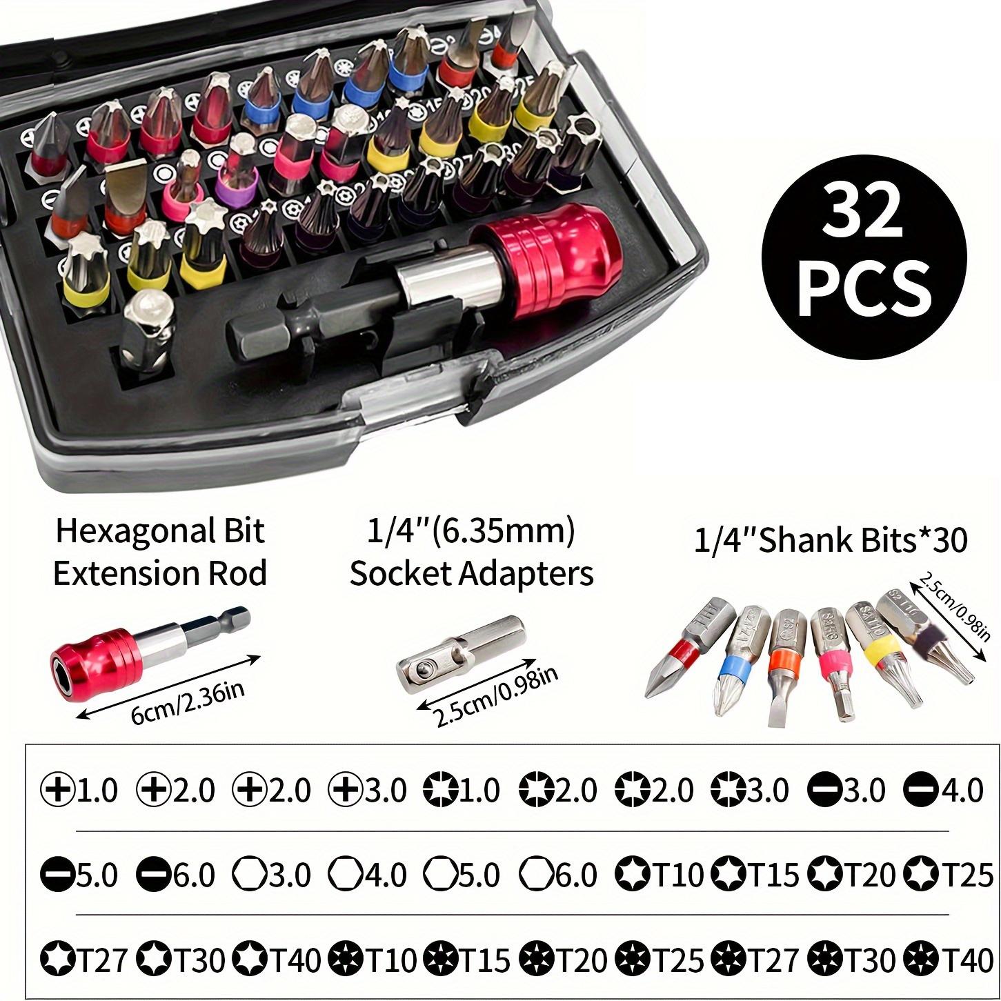 

32Pcs/Set S2 Steel Electric Screwdriver Short Bit Slotted Phillips Pozidriv Torx Hexagon Bits Extension Rod Kit Type A