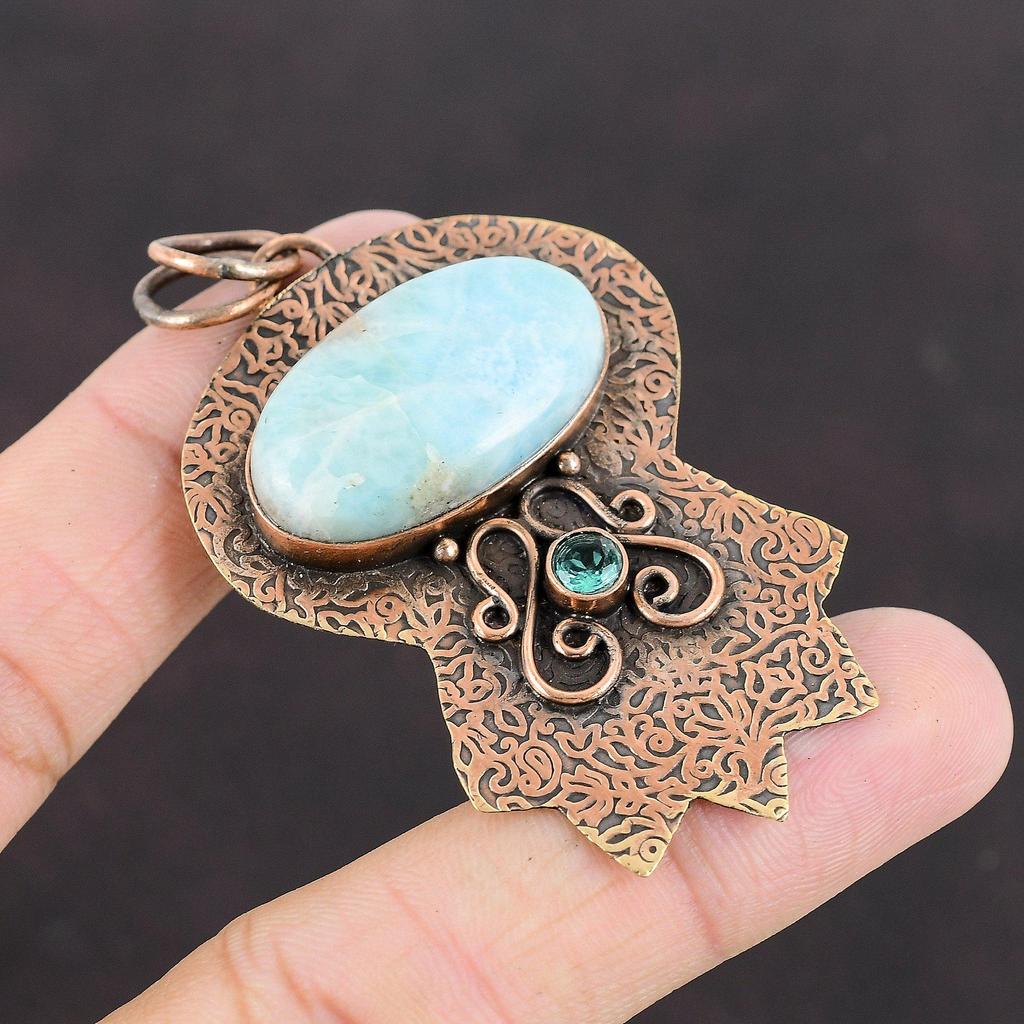 Larimar Pendant Swiss Blue Topaz Pendant Copper Pendant Gemstone Jewelry Stylish Pendant Unique Copper Jewelry Gift For Her Handmade Pendant