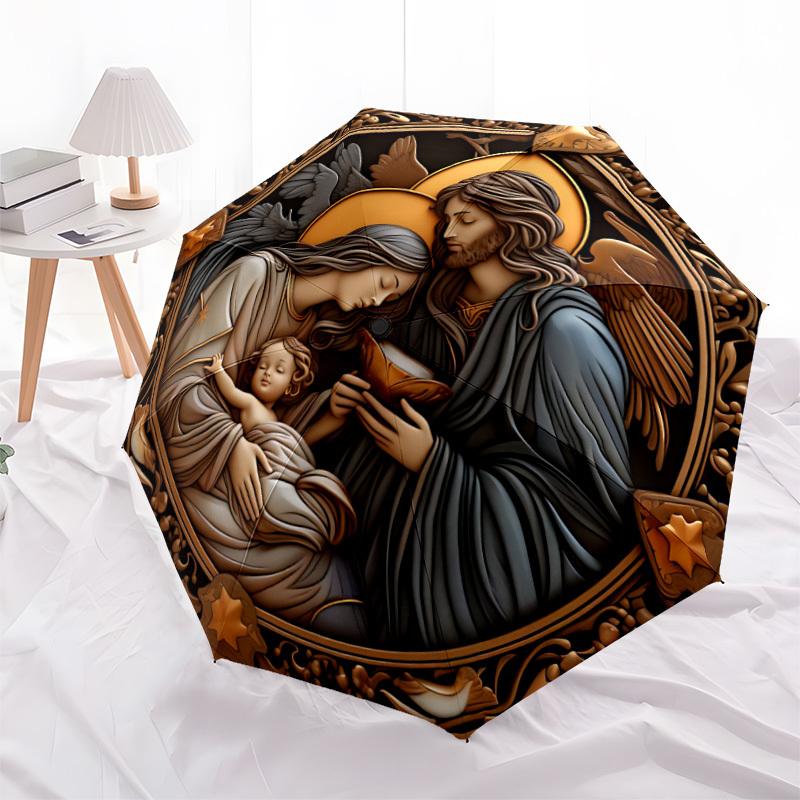 1 Stück Kleiner Jesus, „Heilige Familie“ Modischer Automatisches Öffnen/Schließen Faltbarer Regenschirm mit 8 Speichen, Winddicht Tragbar, Tägliche Nutzung204