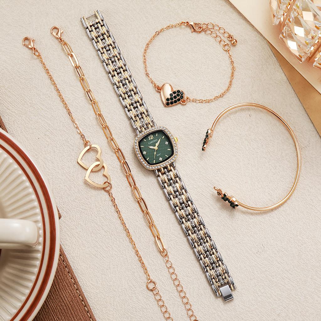 Women's Green Disc Diamond Square Quartz Watch Love Element Bracelet Multi-piece Set Suitable for Dating Shopping