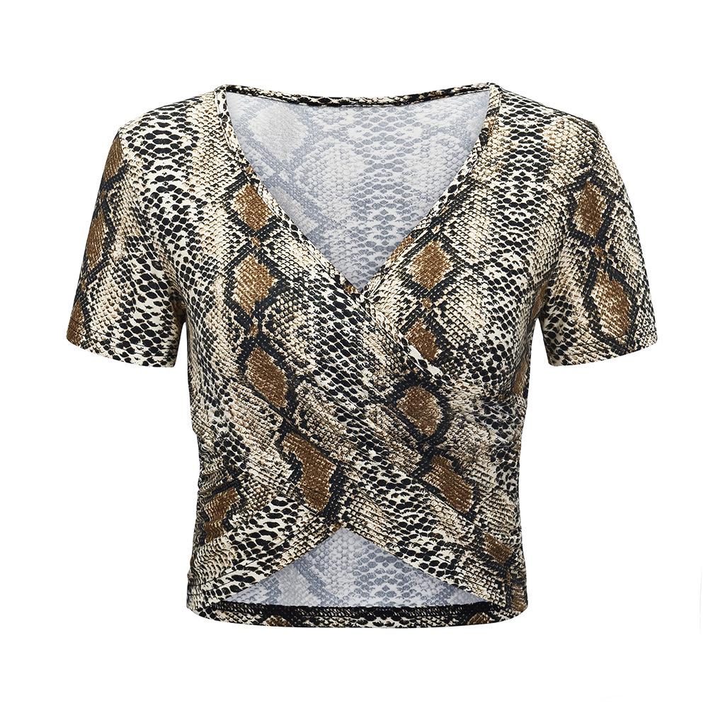 2020 Summer V-neck Slim Fit Leopard & Snake Print Crop Top T-shirt for Women