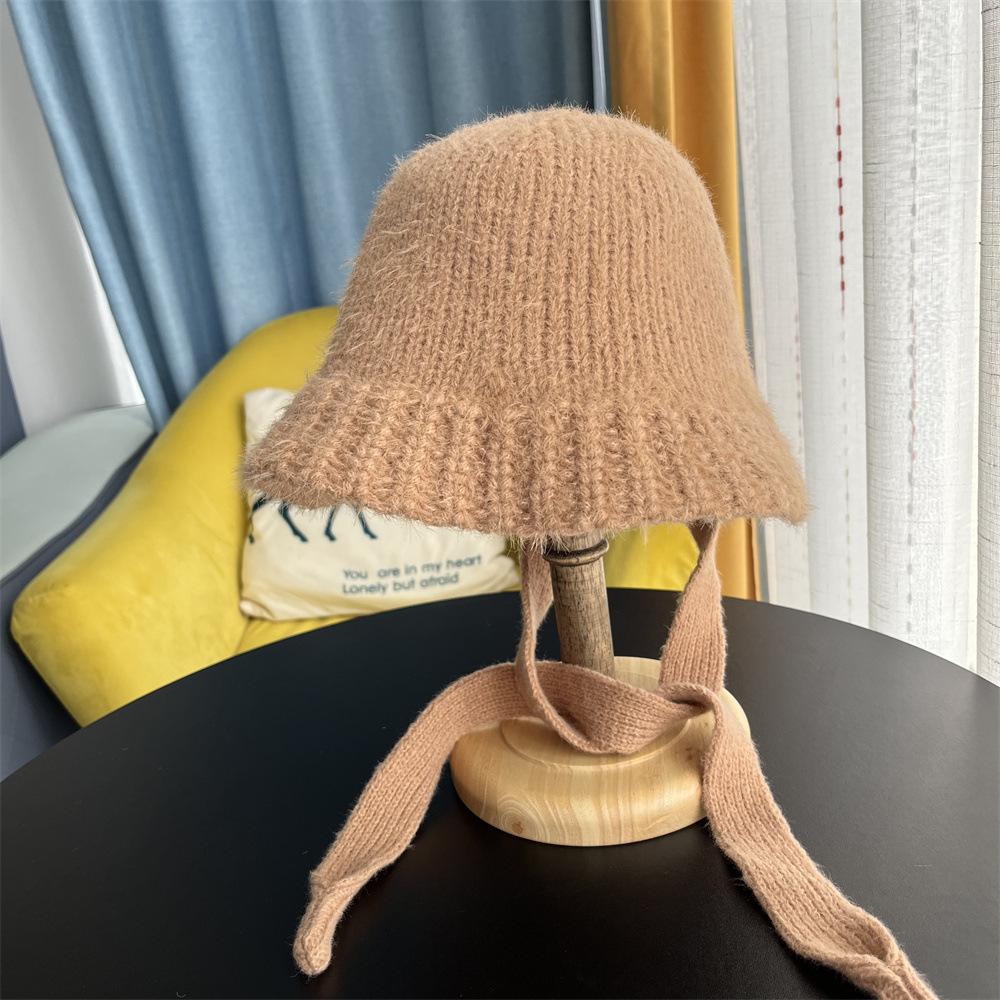 

Autumn and winter solid color thickened warm wool knitted ear protectors strap wool hat versatile face covering fisherman hat children Adult (55-58cm) верблюд