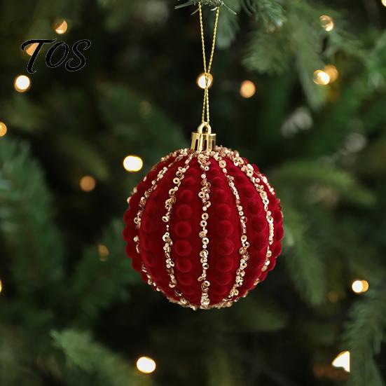 Festive Burgundy Party Supplies Velvet Christmas Ball Ornaments, 3.15 Inch Glitter Flocked Tree Ornaments Decoration, Plastic Shatterproof Hanging
