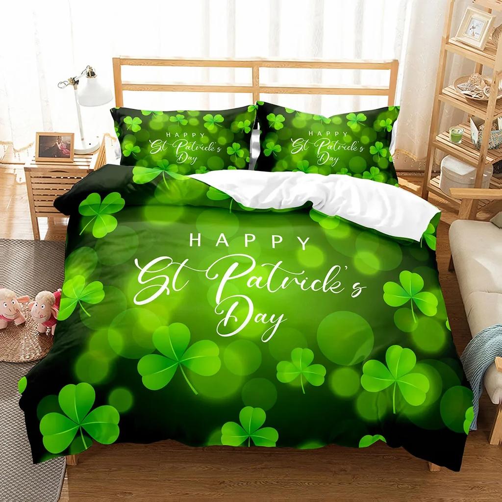 Happy St Patrick's Day Duvet Cover Set Plant Clover Bedding Set Green Lucky Leaf Quilt Cover Botanical Leaves Bedspread Cover