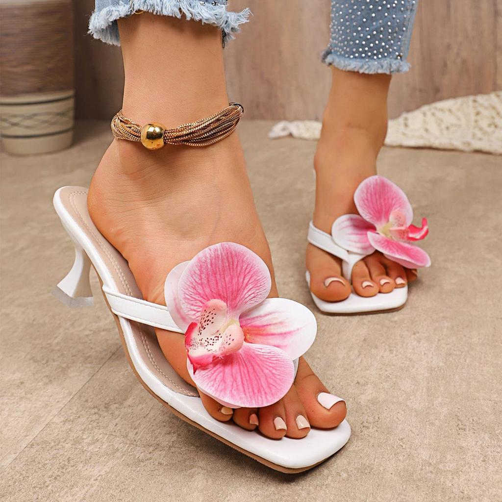 Women's High-Heeled Flip-Flop Sandals, 2025 Summer Collection, Floral Square Toe Design, Thin Heel, Niche Style, In Stock