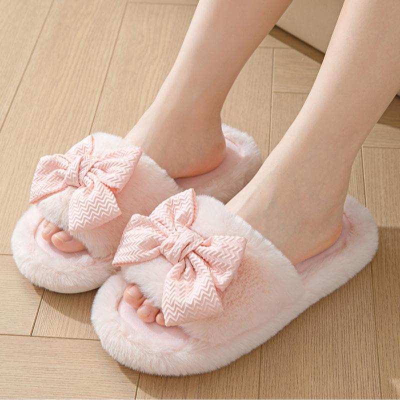 Girl's Cotton Slippers INS Bow Home Plush Slippers Indoor Plush Slippers