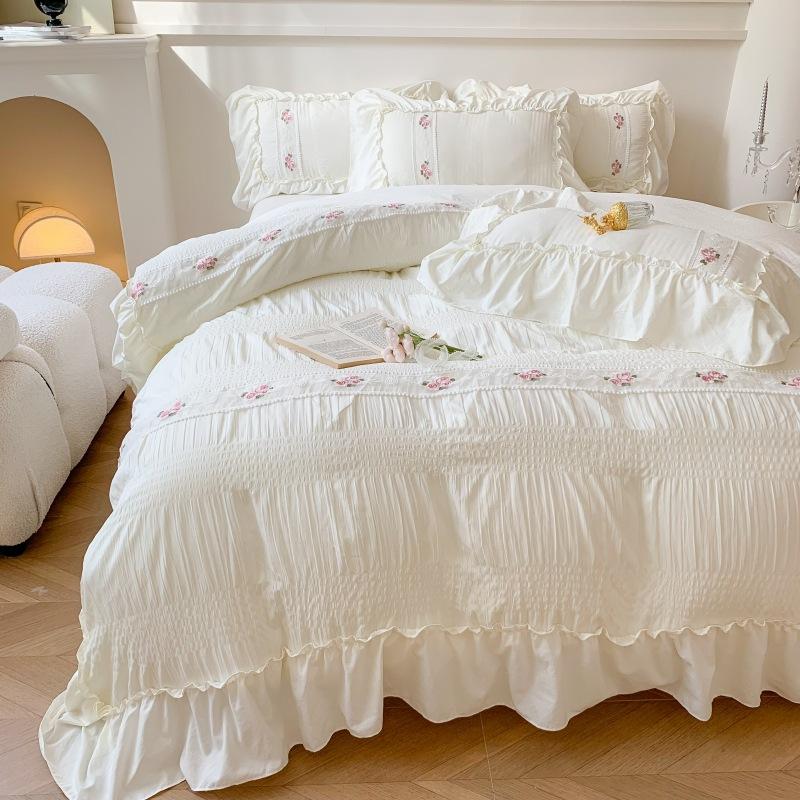 

Princess Bubble Yarn Embroidery Washed Cotton 4-piece Cotton Bed Sheet Models Lace Quilt Cover 3-piece Set KTY 2.0M білий