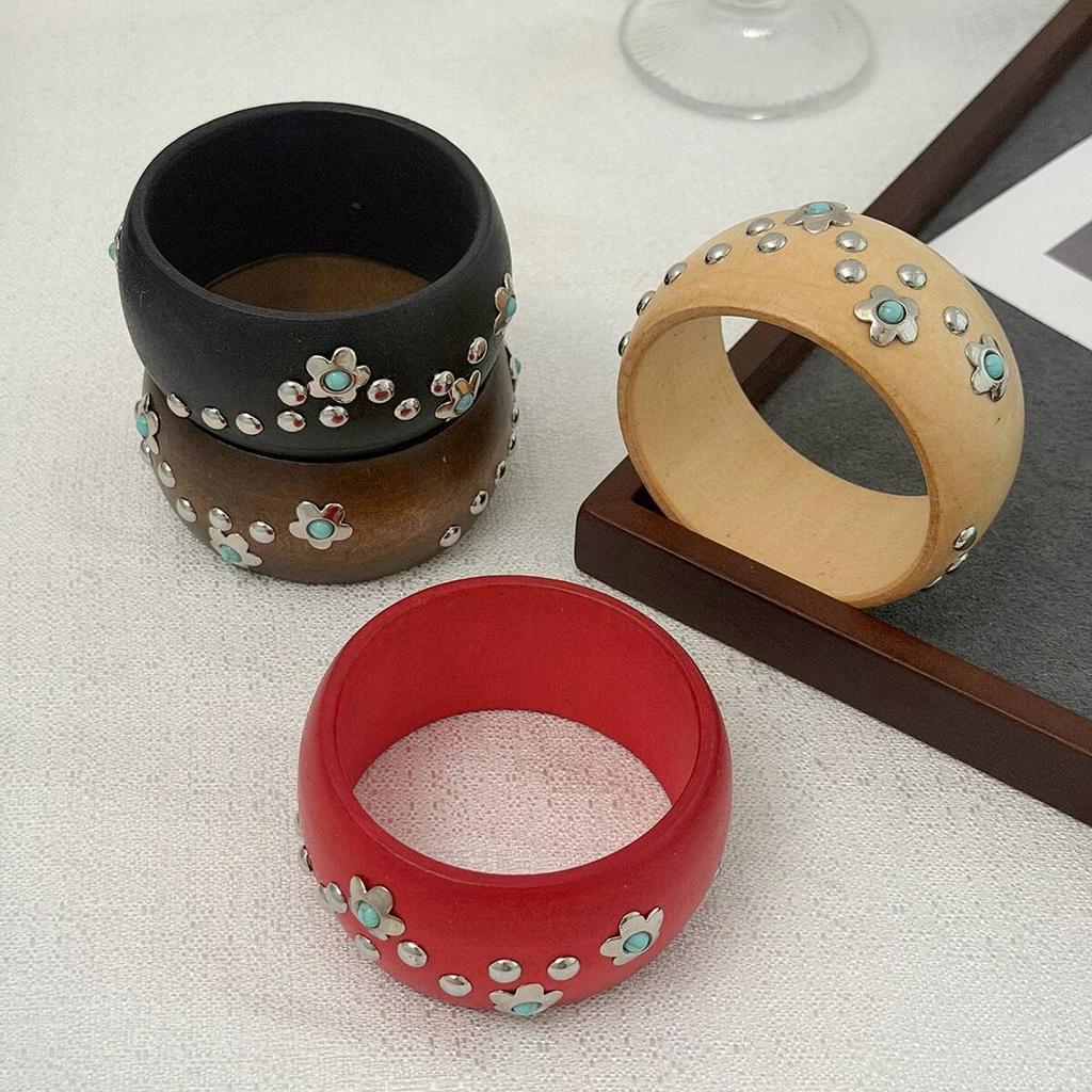 Salircon 4 Colors Punk Retro Round Wooden Wide Bracelets for Women Hip Hop Stackable Chunky Bangles Steampunk Jewelry Accessory