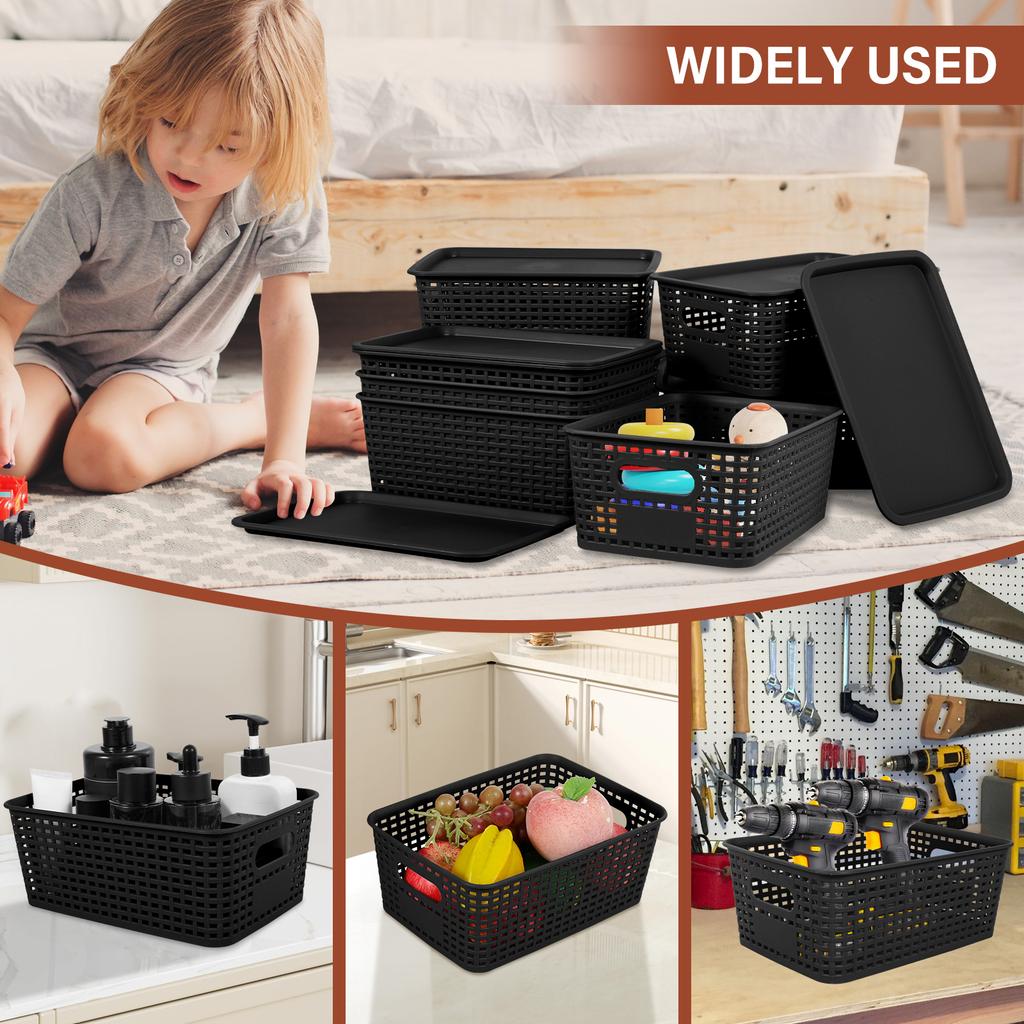8Pcs Plastic Storage Basket Stackable Desktop Storage Organizer Bin with Handle and Lid Hollowed Out Side Woven Organizer Basket