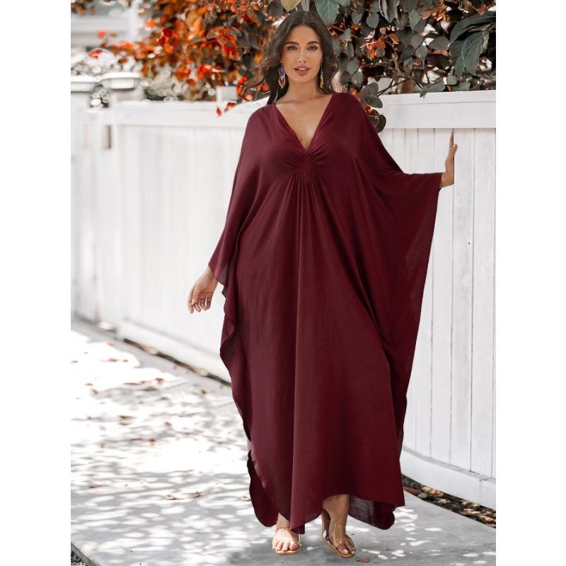 Women's Fashion Spring Fall Solid Color Print Long Sleeve V-Neck Loose Waistline Casual Dresses